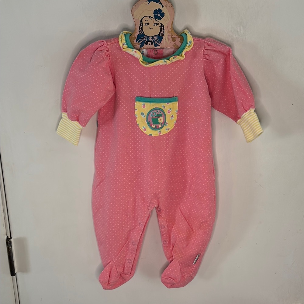 Gymboree Vintage pink polka dot one piece sleeper footie yellow trim Sz Newborn